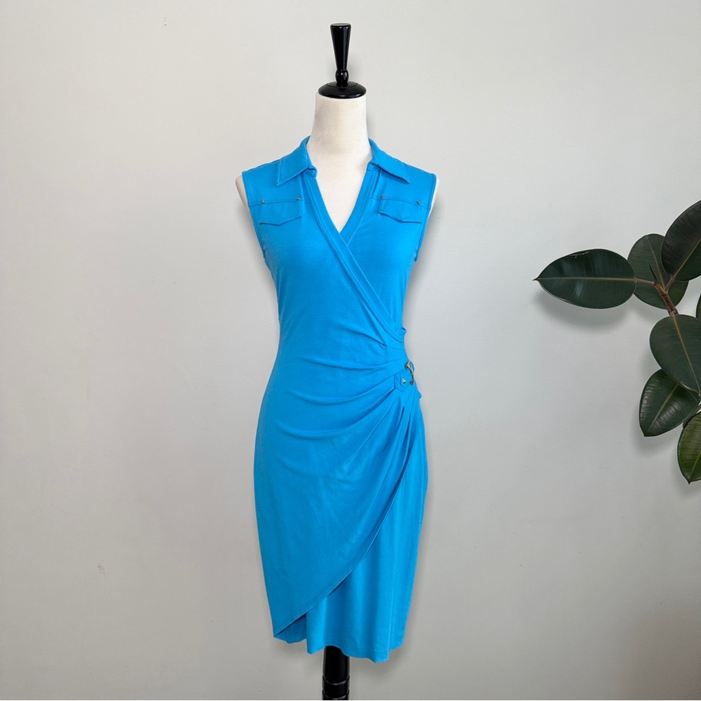 Cache V-Neck Sleeveless Wrap Draped Mini Dress